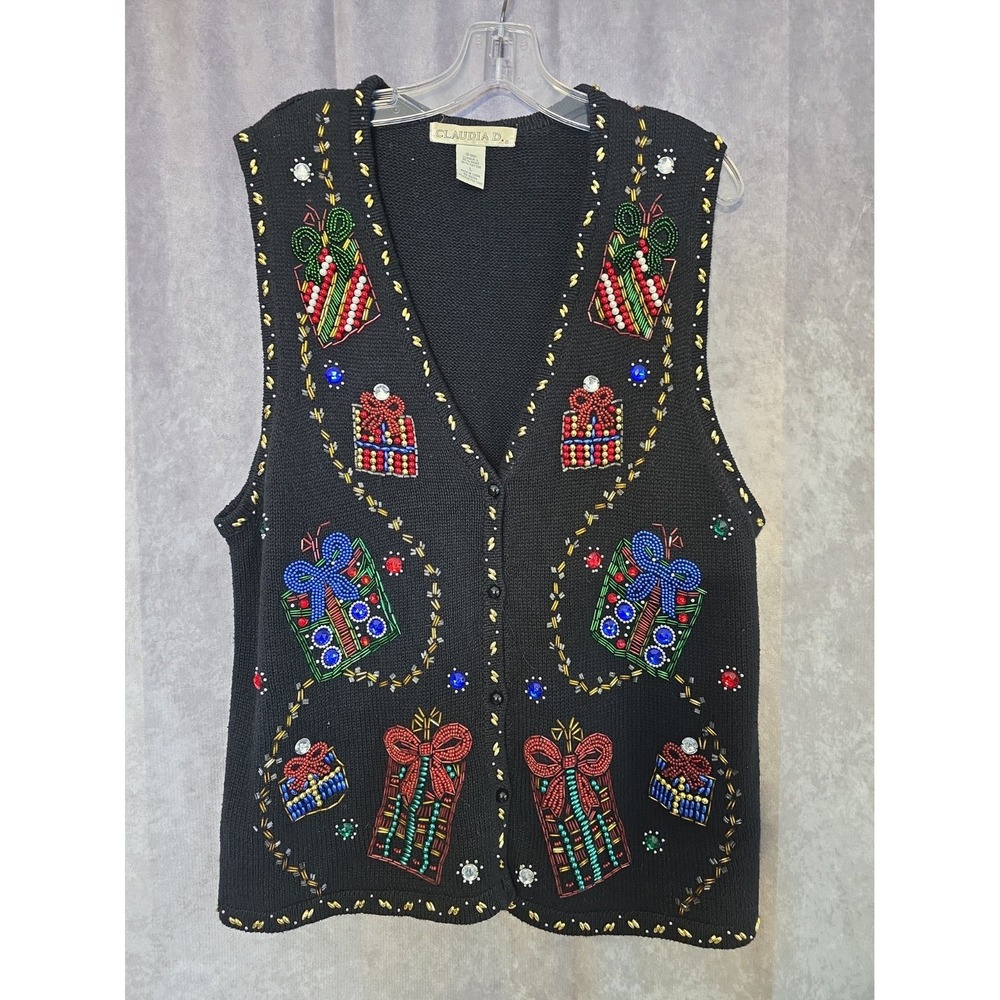 Vintage 90s Claudia D Christmas Sweater Vest Womens Large Beaded Ugly Party Gift